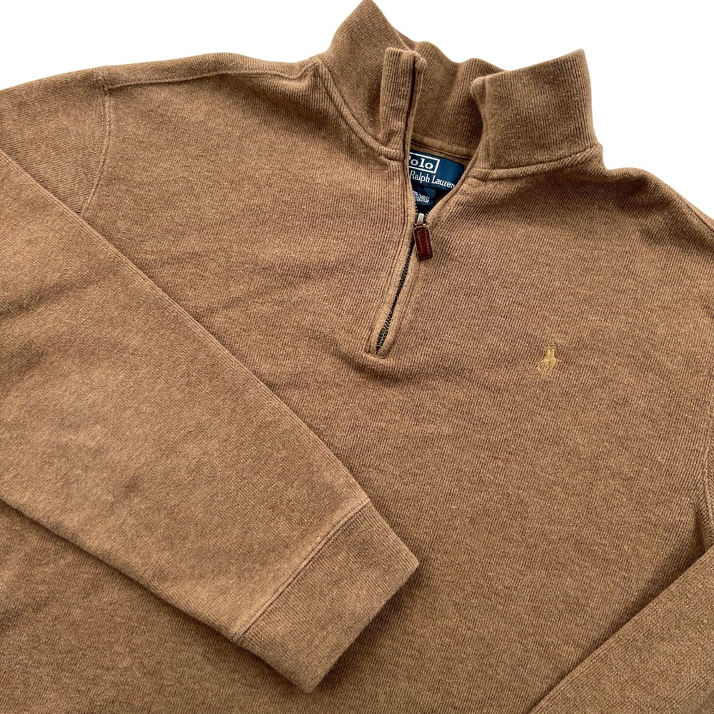 VTG Y2K Polo Ralph Lauren 1/4 Zip Mens XL Brown Cotton Knit Pullover Ivy Preppy
